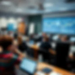 A panoramic view of a modern finance classroom filled with students engaged in discussion