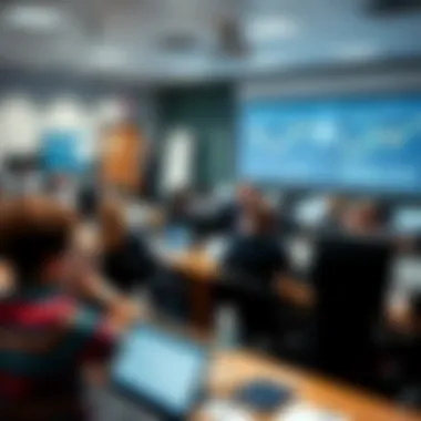 A panoramic view of a modern finance classroom filled with students engaged in discussion