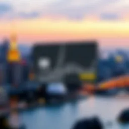 A scenic view of a foreign city skyline with a credit card overlay