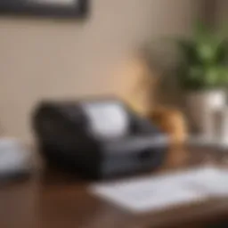 Modern receipt scanner placed on a desk with organized paperwork