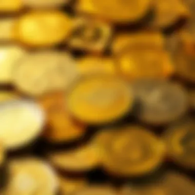 Close-up view of a gold coin collection showcasing various types and designs