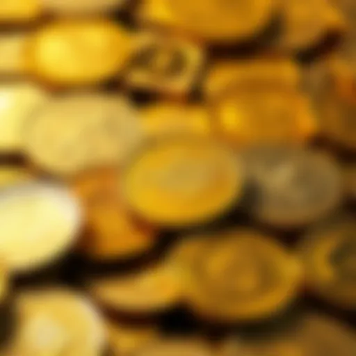 Close-up view of a gold coin collection showcasing various types and designs