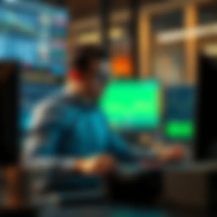 Investor Analysis through Digital Platforms An investor analyzing data on multiple screens