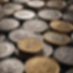 A close-up view of various bullion coins showcasing their unique designs and features